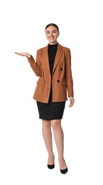 Photo of Beautiful woman in brown jacket and black dress showing something on white background