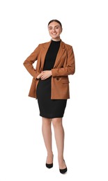 Photo of Beautiful woman in brown jacket and black dress on white background