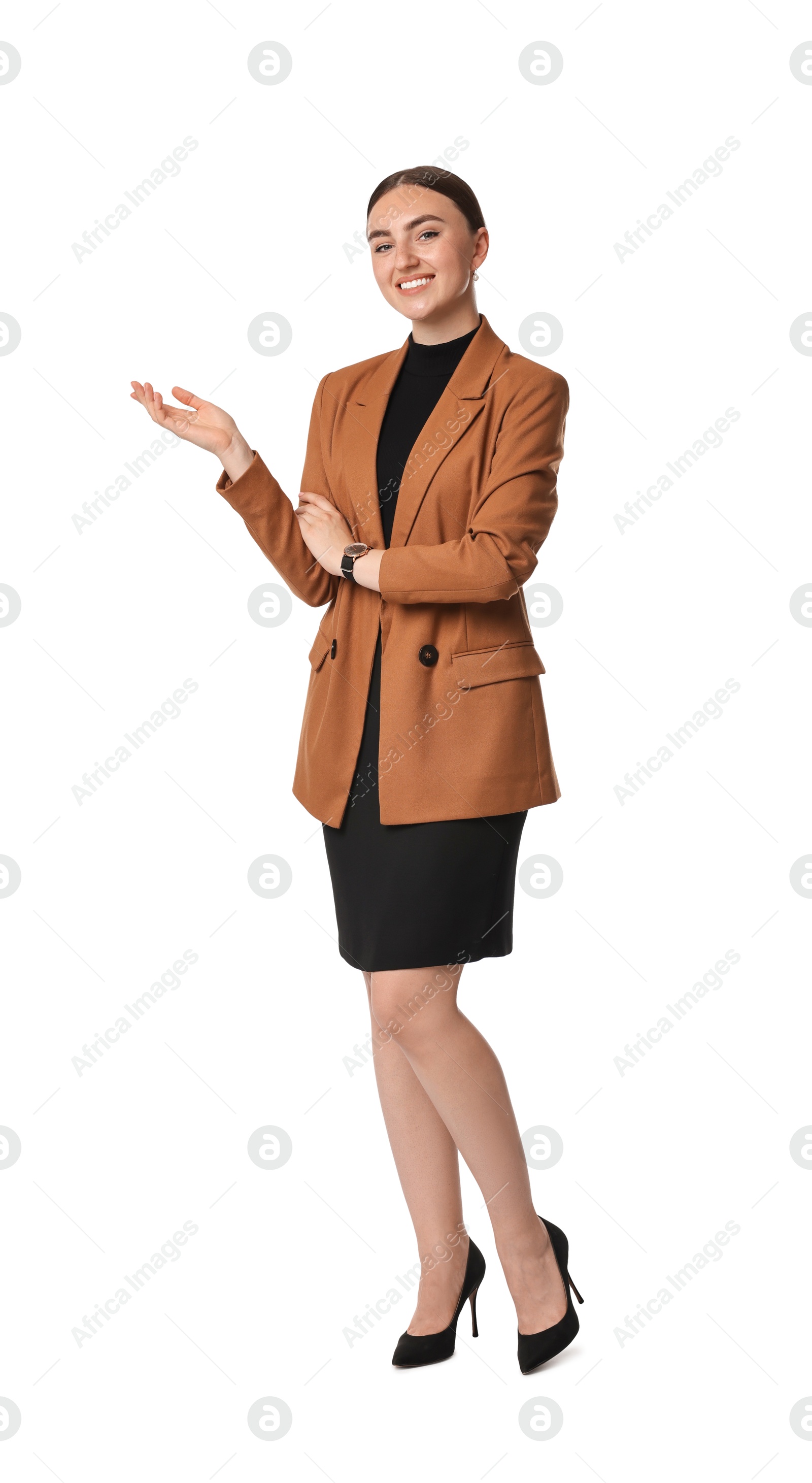 Photo of Beautiful woman in brown jacket and black dress on white background