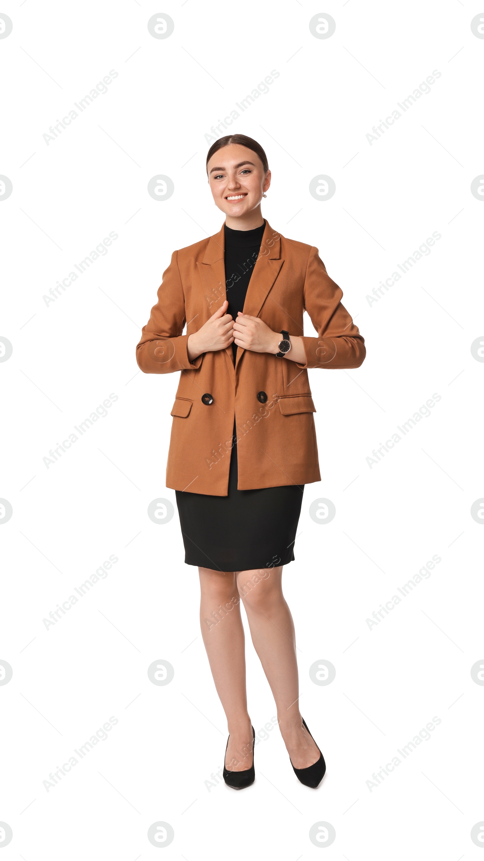 Photo of Beautiful woman in brown jacket and black dress on white background