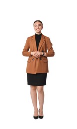 Photo of Beautiful woman in brown jacket and black dress on white background