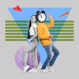 Man with alarm clock instead of head dancing with woman on color background, creative collage