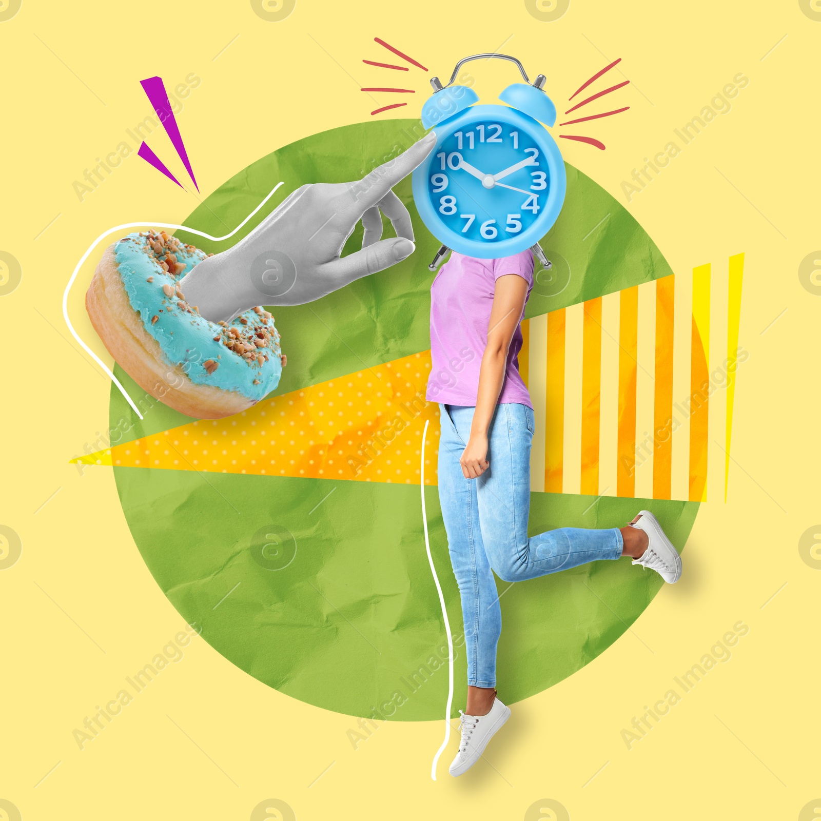 Image of Creative collage of woman with alarm clock instead of head, donut and hand on color background