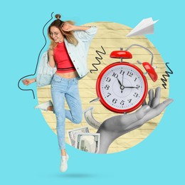 Image of Creative collage with woman, alarm clock, hands and money on color background