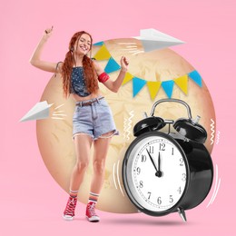 Image of Creative collage with dancing woman, alarm clock and paper planes on pink background