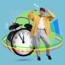 Image of Creative collage with dancing senior man and alarm clock on color background