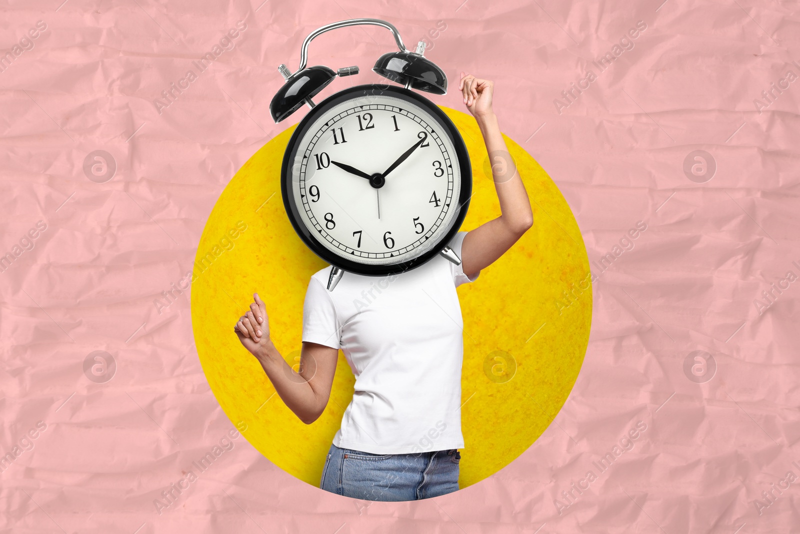 Image of Woman with alarm clock instead of head dancing on pink background, creative collage