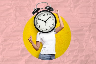 Woman with alarm clock instead of head dancing on pink background, creative collage