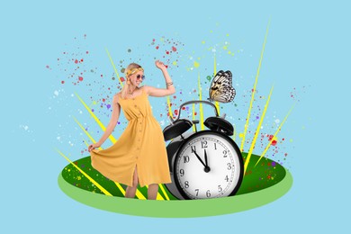 Image of Creative collage with dancing woman, alarm clock and butterfly on light blue background