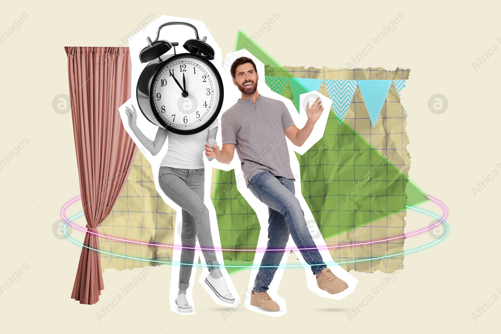 Image of Woman with alarm clock instead of head and man dancing on color background, creative collage