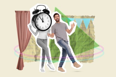 Image of Woman with alarm clock instead of head and man dancing on color background, creative collage