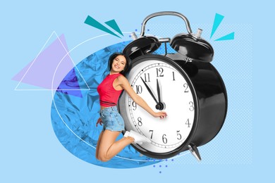 Image of Happy woman jumping near black alarm clock on color background, creative collage