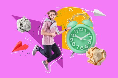 Image of Creative collage with jumping man, alarm clock, paper planes and balls on color background