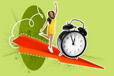 Image of Happy woman and alarm clock flying on red paper plane against color background