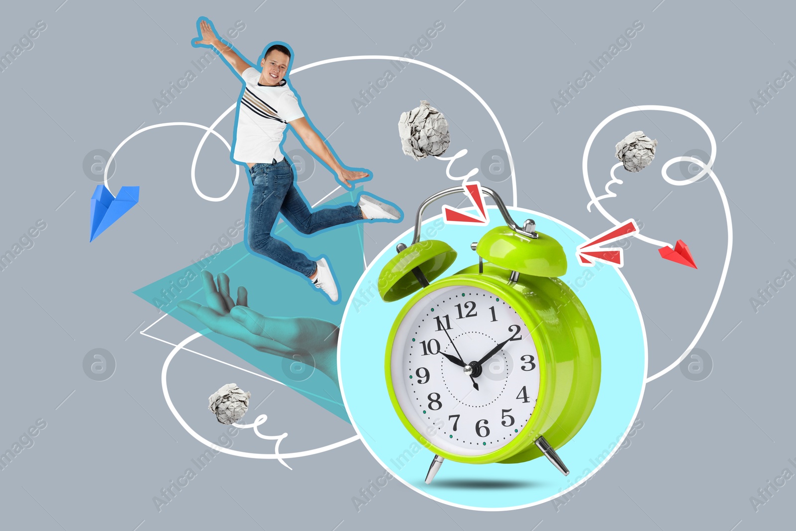 Image of Creative collage with alarm clock and jumping man on color background