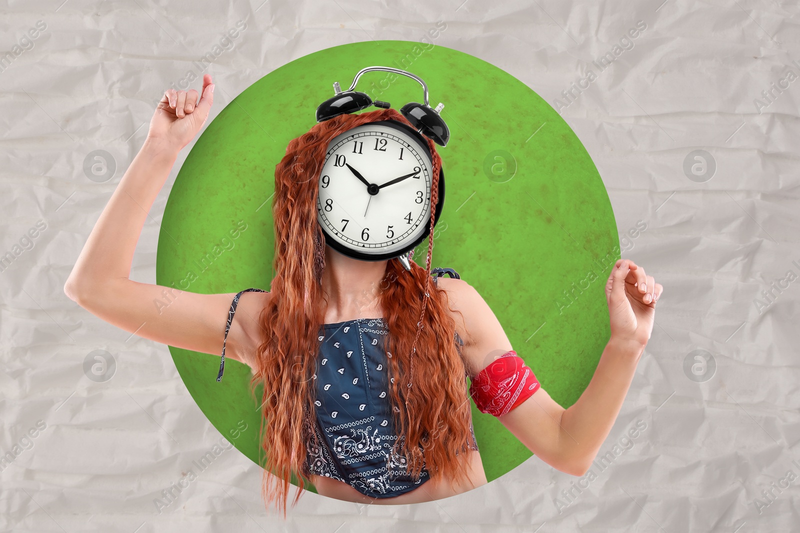 Image of Hippie woman with alarm clock instead of head on color background, creative collage