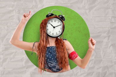 Hippie woman with alarm clock instead of head on color background, creative collage