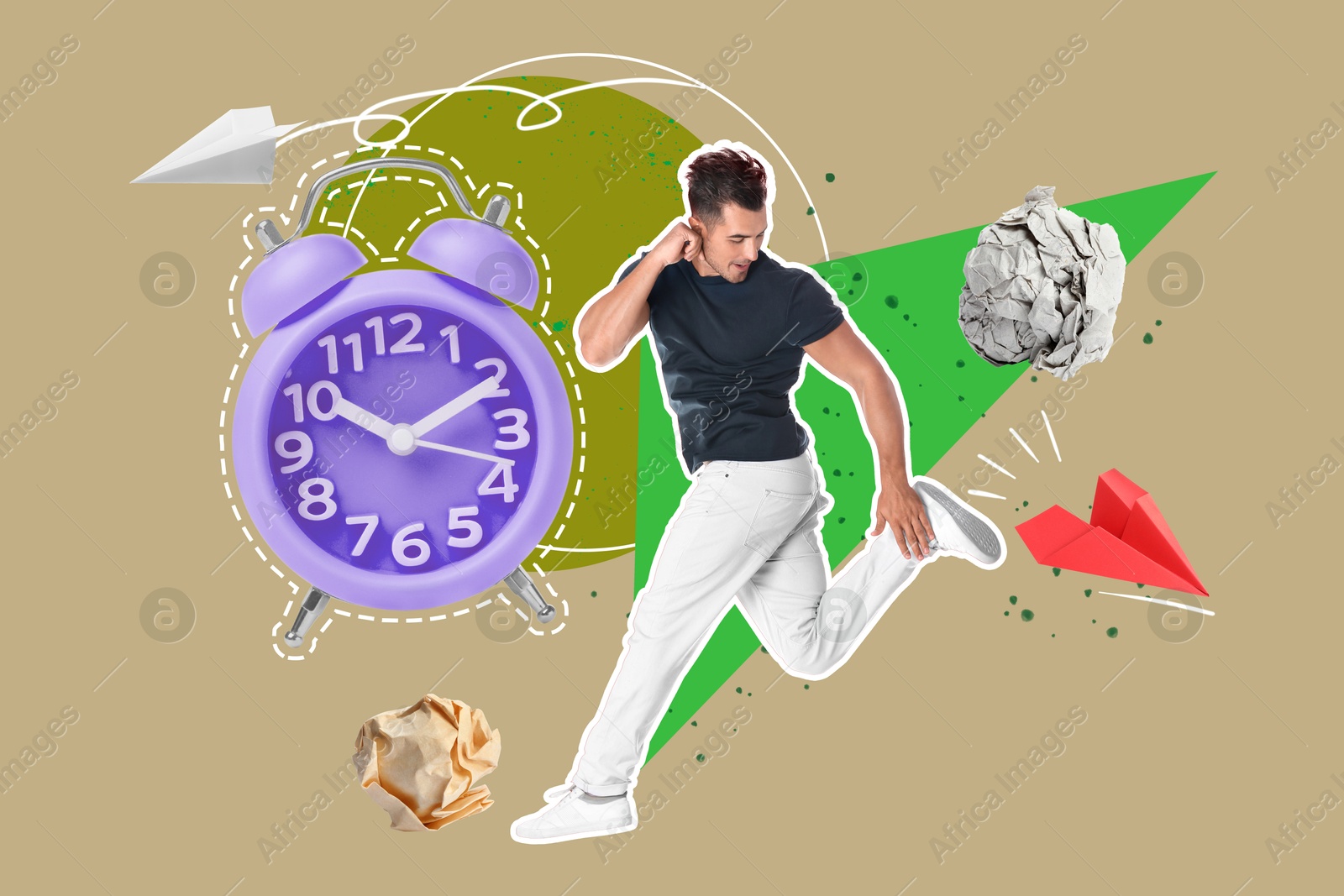 Image of Creative collage with alarm clock and jumping man on color background