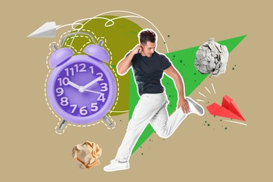 Image of Creative collage with alarm clock and jumping man on color background