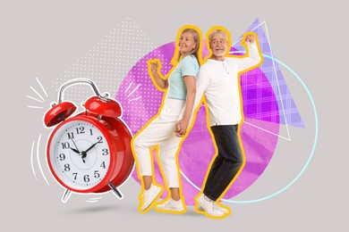 Image of Senior couple dancing near alarm clock on color background, creative collage