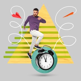 Image of Creative collage with alarm clock, jumping man and paper planes on color background