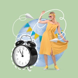 Image of Woman dancing near alarm clock on color background, creative collage
