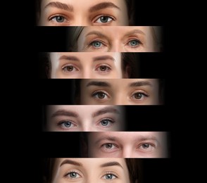 Image of Different women and man on black background, closeup. Collage of photos