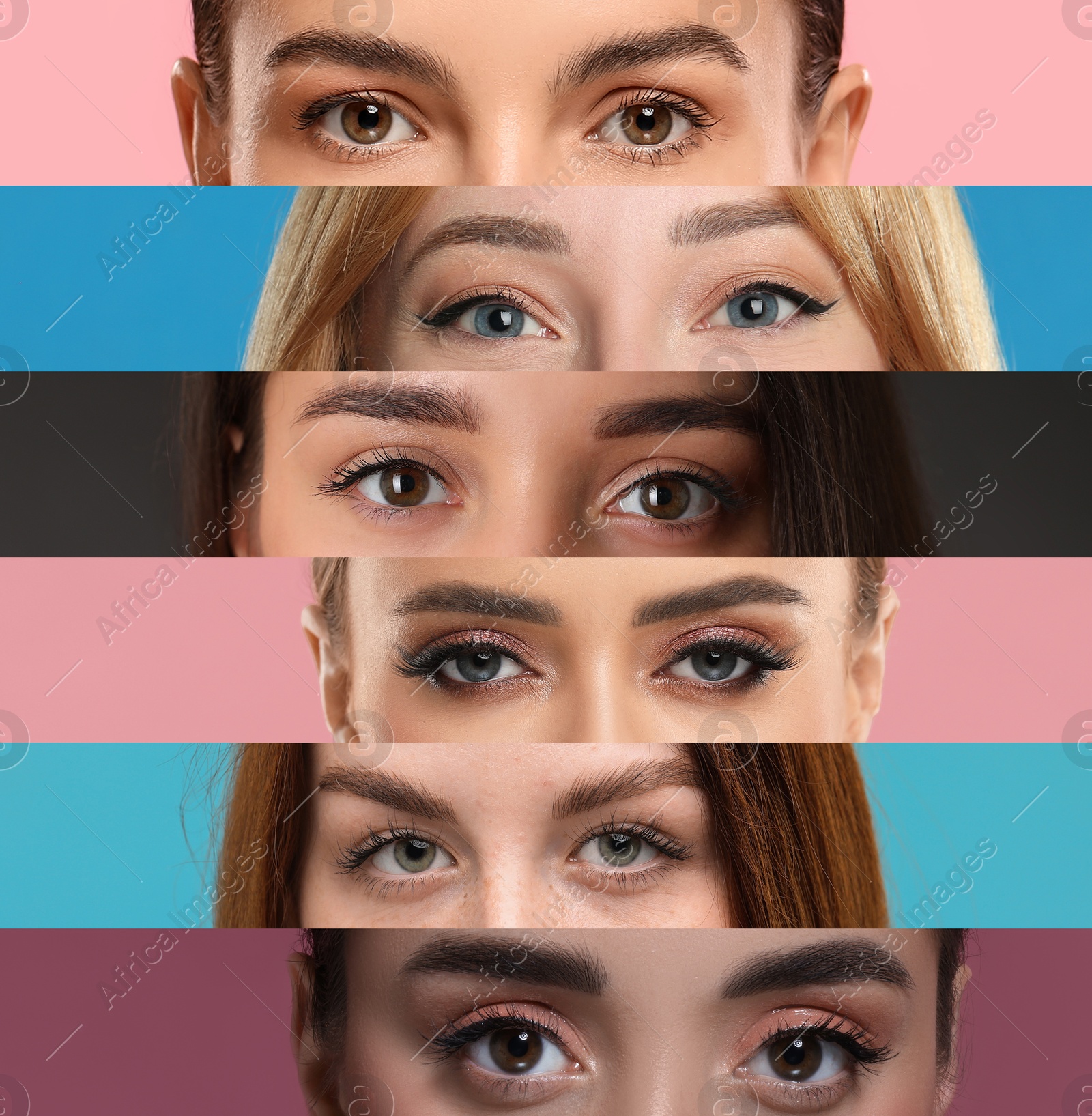 Image of Different women on various color backgrounds, closeup. Collage of photos