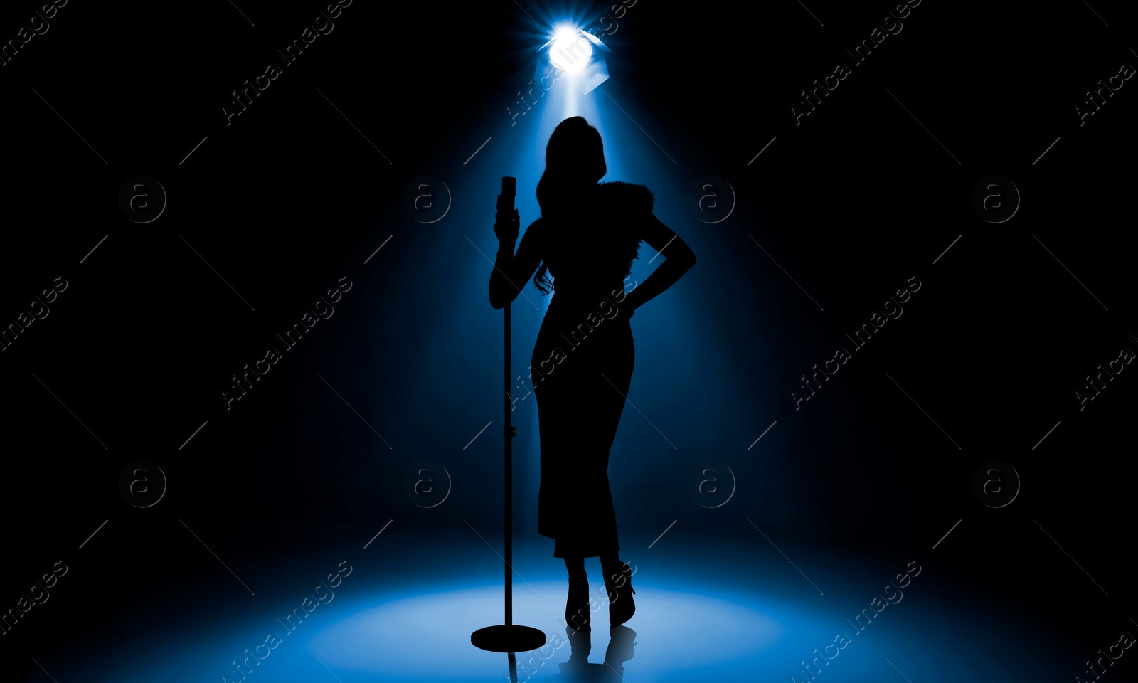 Image of Silhouette of singer on stage in spotlight. Banner design