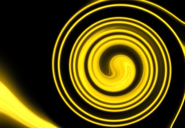 Image of Bright yellow light line twisted in spiral on black background