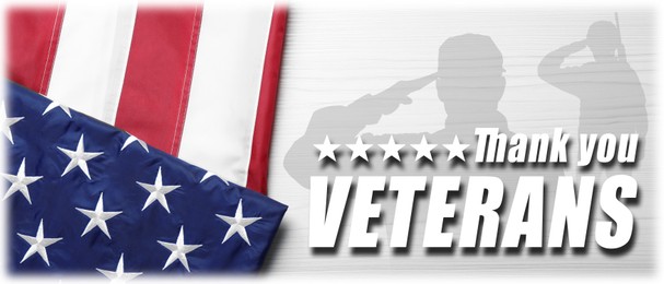Image of Veterans Day card. National flag of USA and silhouettes of military men, banner design