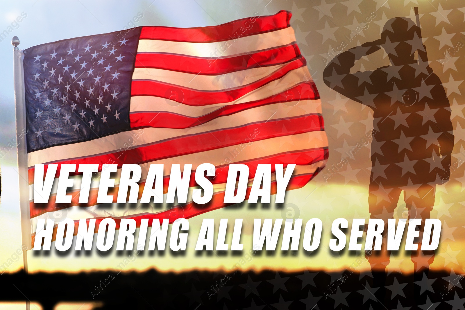 Image of Veterans Day card. National flag of USA, silhouette of military man and text Honoring All Who Served
