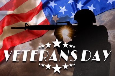 Image of Veterans Day card. National flag of USA and silhouette of military man, double exposure