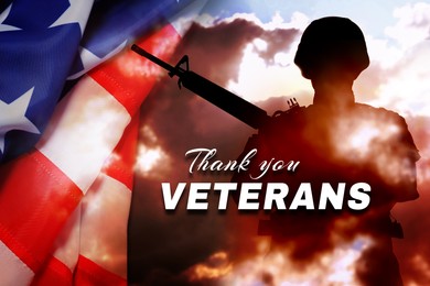 Image of Veterans Day card. National flag of USA, silhouette of military man and sky, double exposure