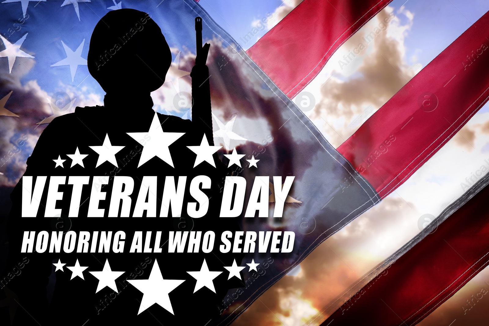 Image of Veterans Day card. National flag of USA, text Honoring All Who Served, silhouette of military man and sky, double exposure