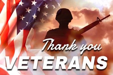 Image of Veterans Day card. National flag of USA, silhouette of military man and sky, double exposure