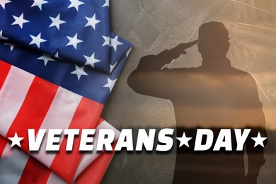 Image of Veterans Day card. National flag of USA, silhouette of military man and landscape, double exposure