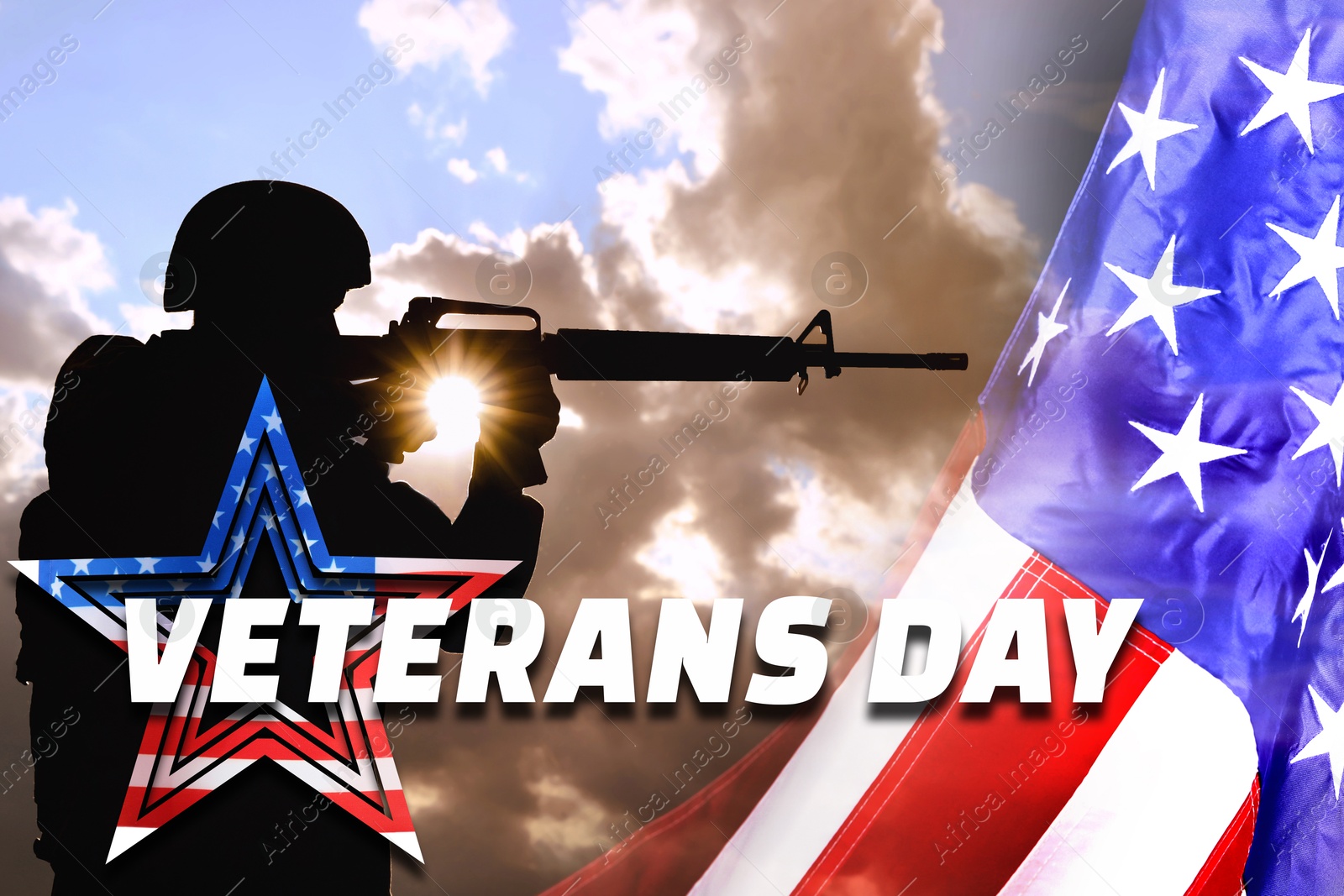 Image of Veterans Day card. National flag of USA, silhouette of military man and sky, double exposure