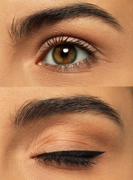 Beautiful woman before and after permanent eyeliner procedure, closeup. Collage of photos