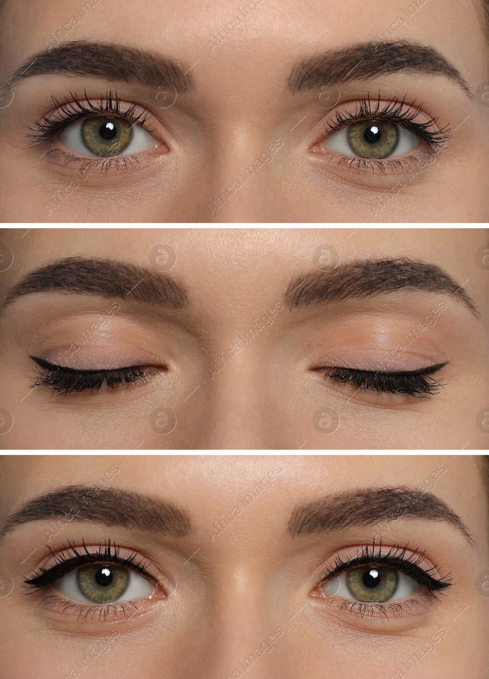 Image of Beautiful woman before and after permanent eyeliner procedure, closeup. Collage of photos