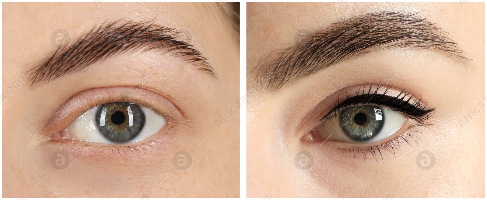 Image of Beautiful woman before and after permanent eyeliner procedure, closeup. Collage of photos