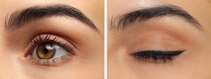 Image of Beautiful woman before and after permanent eyeliner procedure, closeup. Collage of photos