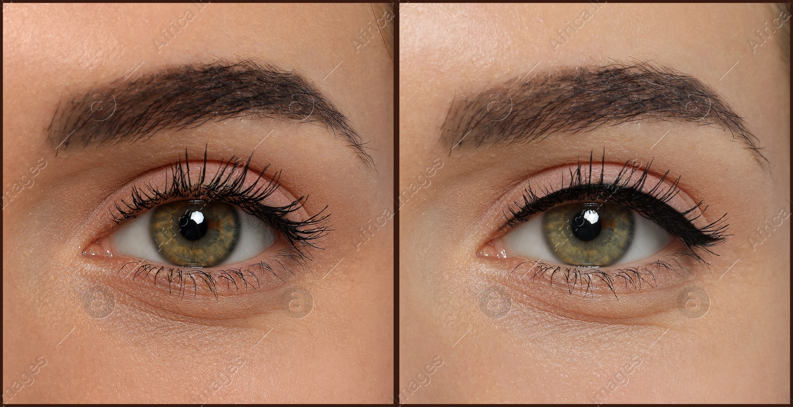 Image of Beautiful woman before and after permanent eyeliner procedure, closeup. Collage of photos