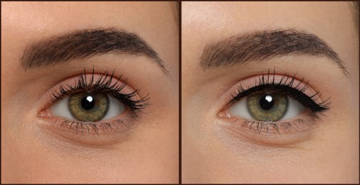 Beautiful woman before and after permanent eyeliner procedure, closeup. Collage of photos