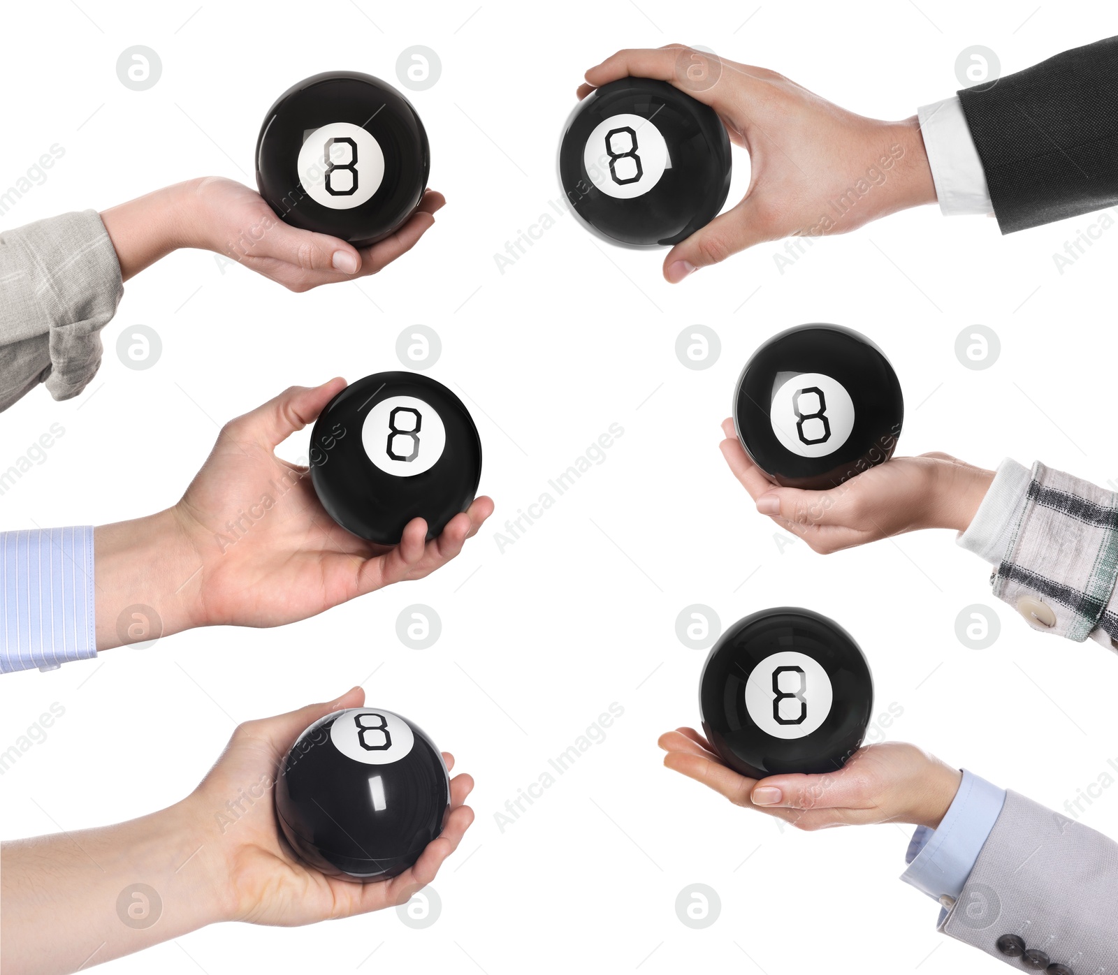 Image of People holding magic eight balls isolated on white, closeup. Collection of photos