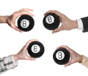 Image of People holding magic eight balls isolated on white, closeup. Collection of photos