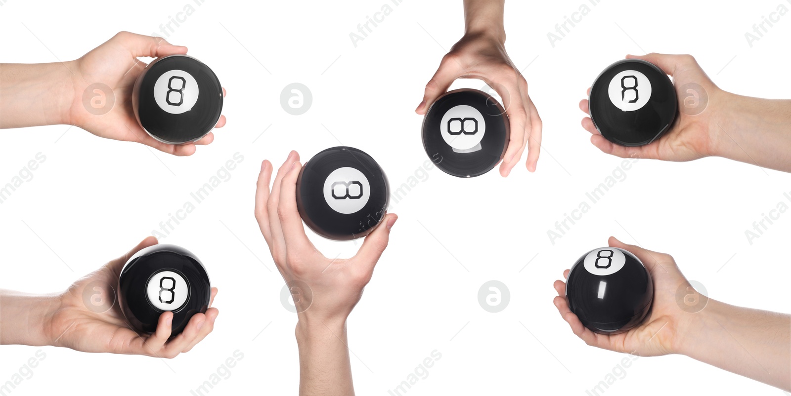 Image of People holding magic eight balls isolated on white, closeup. Collection of photos