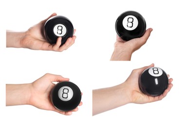 Image of People holding magic eight balls isolated on white, closeup. Collection of photos