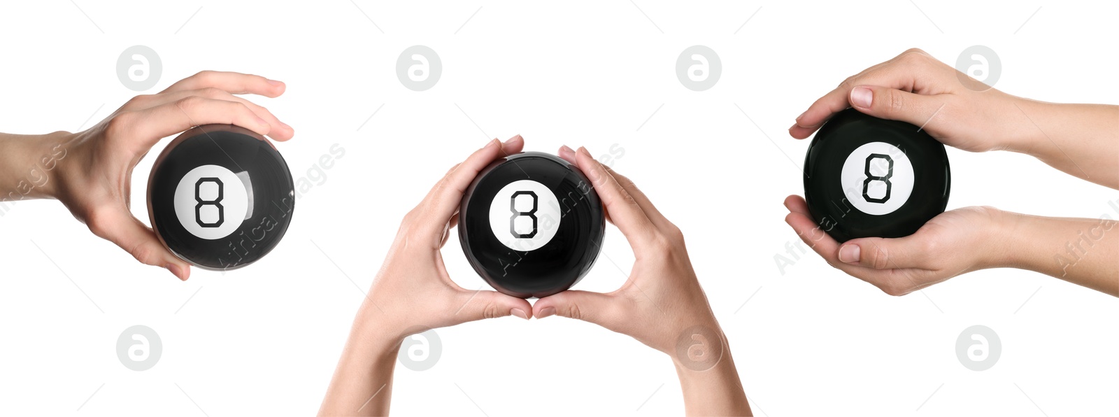 Image of People holding magic eight balls isolated on white, closeup. Collection of photos