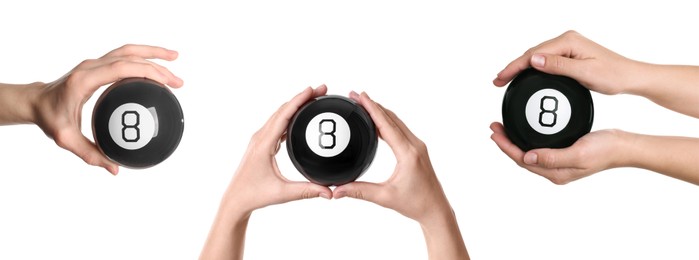 Image of People holding magic eight balls isolated on white, closeup. Collection of photos